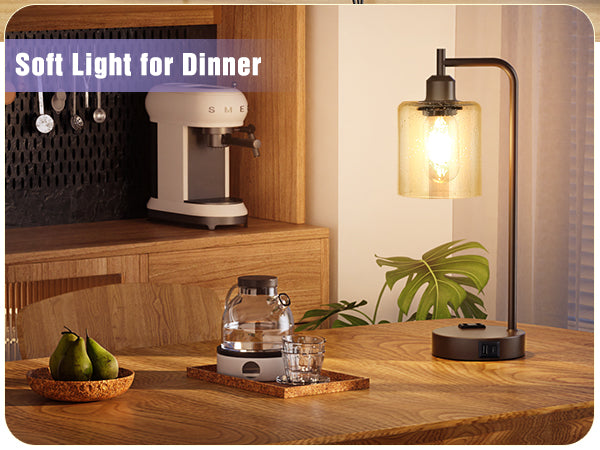 Innqoo Industrial Touch Lamps for Nightstand Set of 2 - 3-Way Dimmable, USB-C+A, Glass Shade