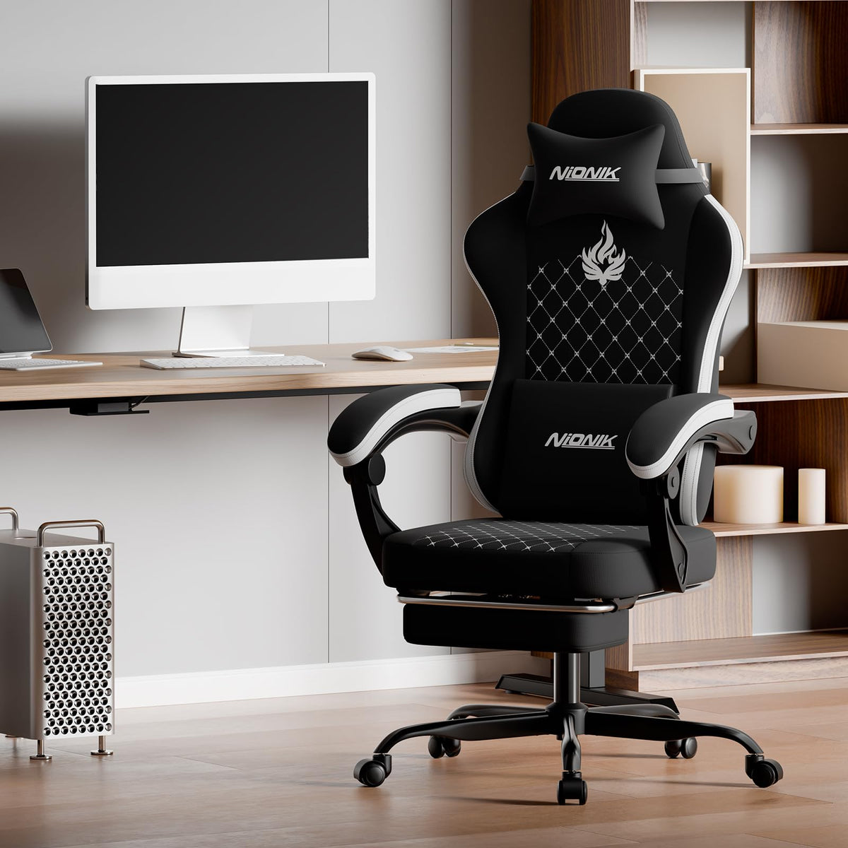 Gaming Chair with Massage,Ergonomic PC Gaming Chair Computer Chairs with Footrest Comfortable Headrest and Lumbar Support, High Back BLUENWHITE