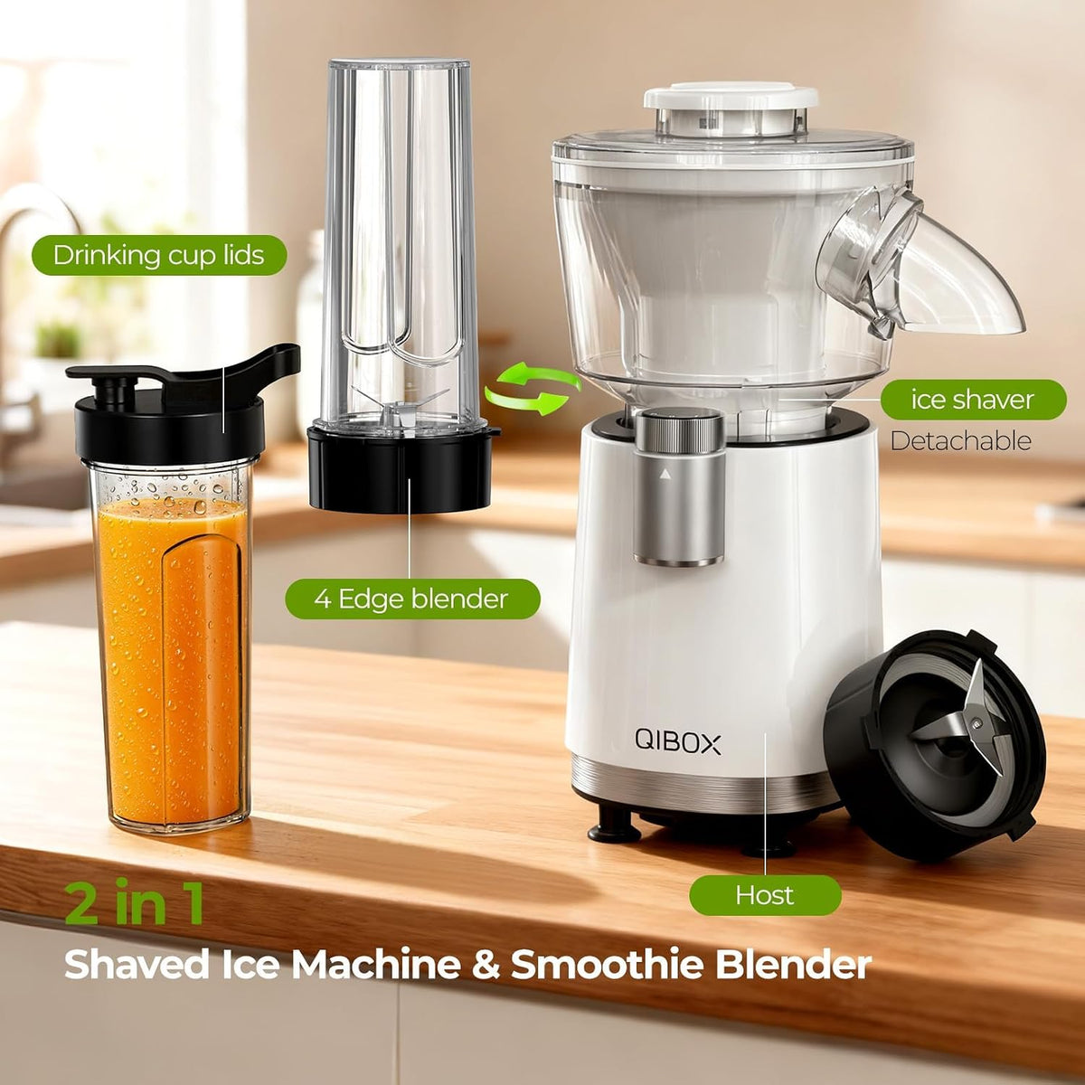 QIBOX 2-in-1 Snow Cone Machine & Smoothie Blender | 700W Electric Ice Shaver for Home Kitchen | Perfect for Kids' Birthday Parties, Summer BBQs & Daily Breakfast Smoothies
