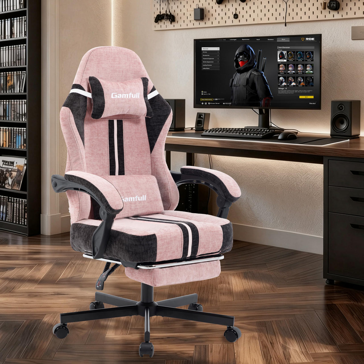 Fabric Gaming Chair for Adults,Video Game Chairs with Footrest,Black&White