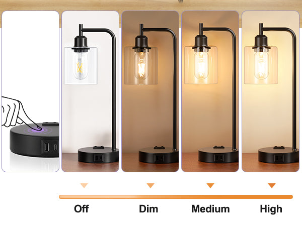 Innqoo Industrial Touch Lamps for Nightstand Set of 2 - 3-Way Dimmable, USB-C+A, Glass Shade