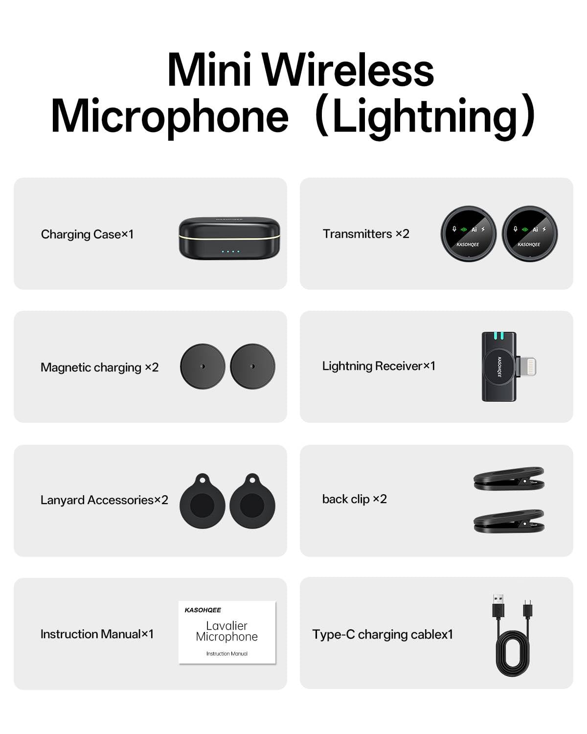 Kasohqee Wireless Lavalier Microphone for iPhone 17/16/15/14, iPad & Android