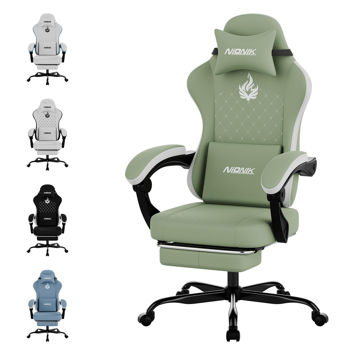 Gaming Chair with Massage,Ergonomic PC Gaming Chair Computer Chairs with Footrest Comfortable Headrest and Lumbar Support, High Back BLUENWHITE