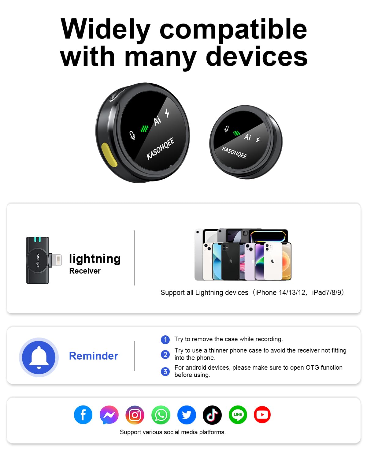 Kasohqee Wireless Lavalier Microphone for iPhone 17/16/15/14, iPad & Android