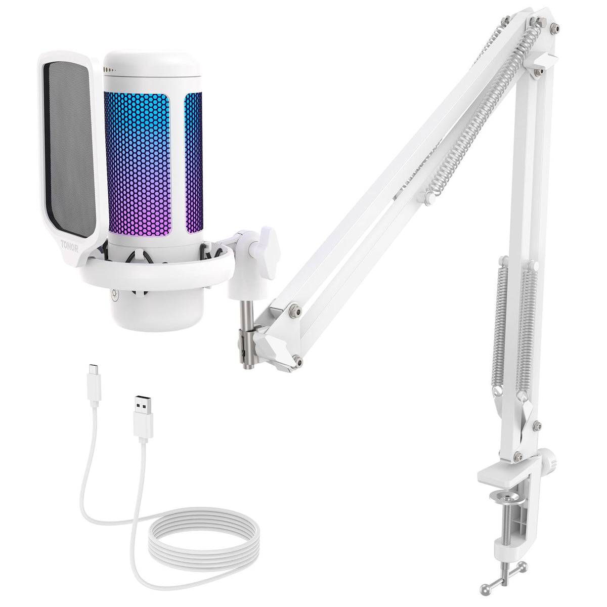 TONOR Gaming Microphone Set with Boom Arm, Vocal Condenser Microphone for Content Creators, USB Mic for PC with Stand, RGB, Tap Mute, Gain Control, Gaming Equipemnt, Twitch, Streaming, TC310+