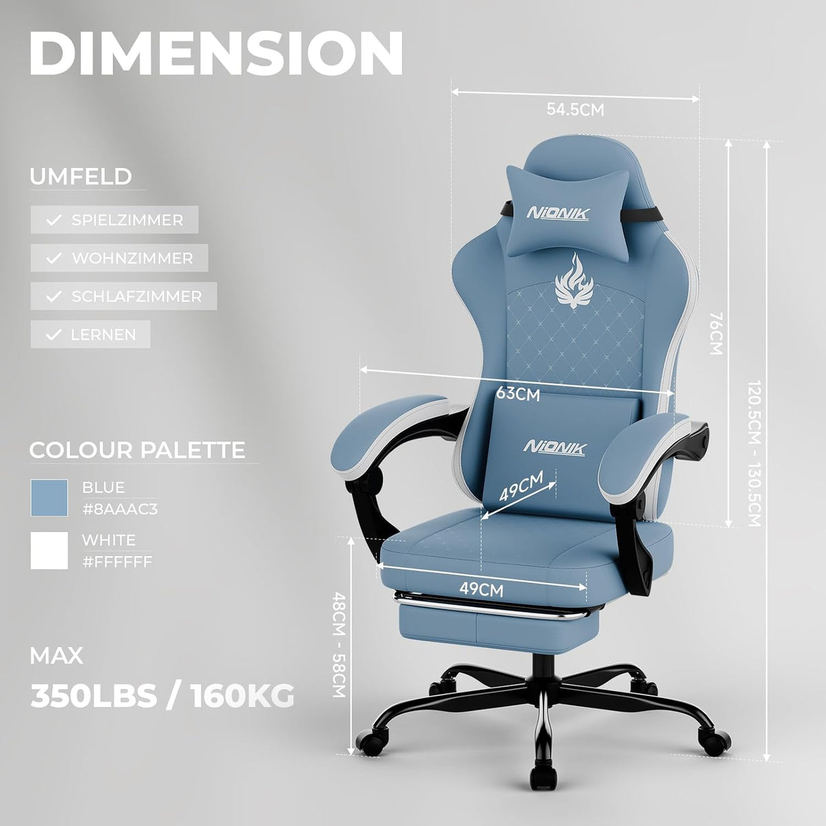 Gaming Chair with Massage,Ergonomic PC Gaming Chair Computer Chairs with Footrest Comfortable Headrest and Lumbar Support, High Back BLUENWHITE