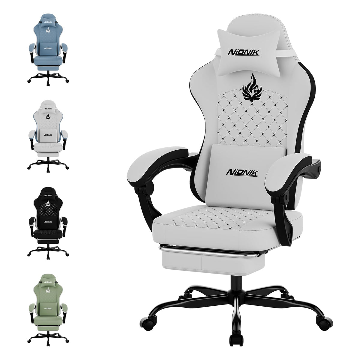Gaming Chair with Massage,Ergonomic PC Gaming Chair Computer Chairs with Footrest Comfortable Headrest and Lumbar Support, High Back BLUENWHITE