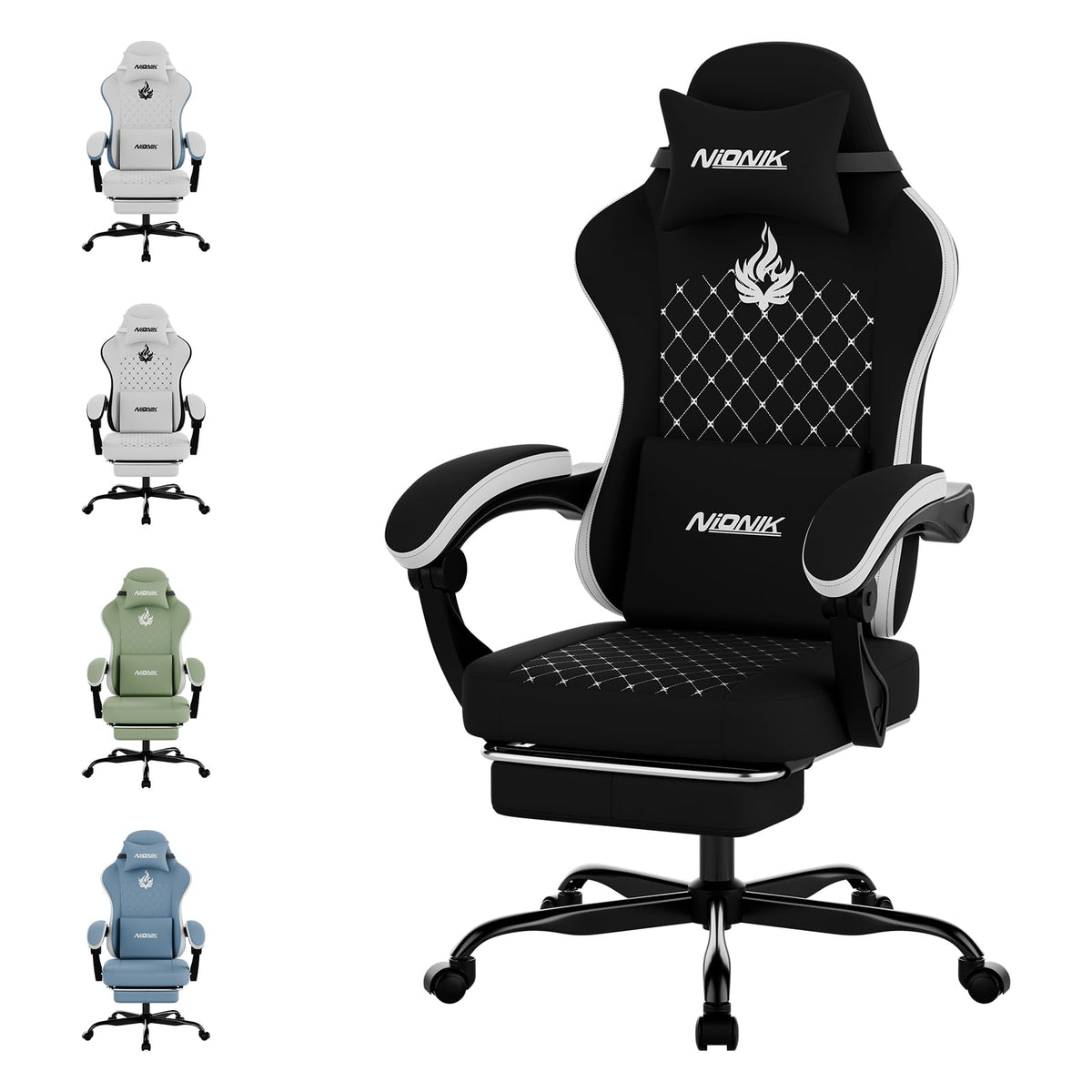 Gaming Chair with Massage,Ergonomic PC Gaming Chair Computer Chairs with Footrest Comfortable Headrest and Lumbar Support, High Back BLUENWHITE