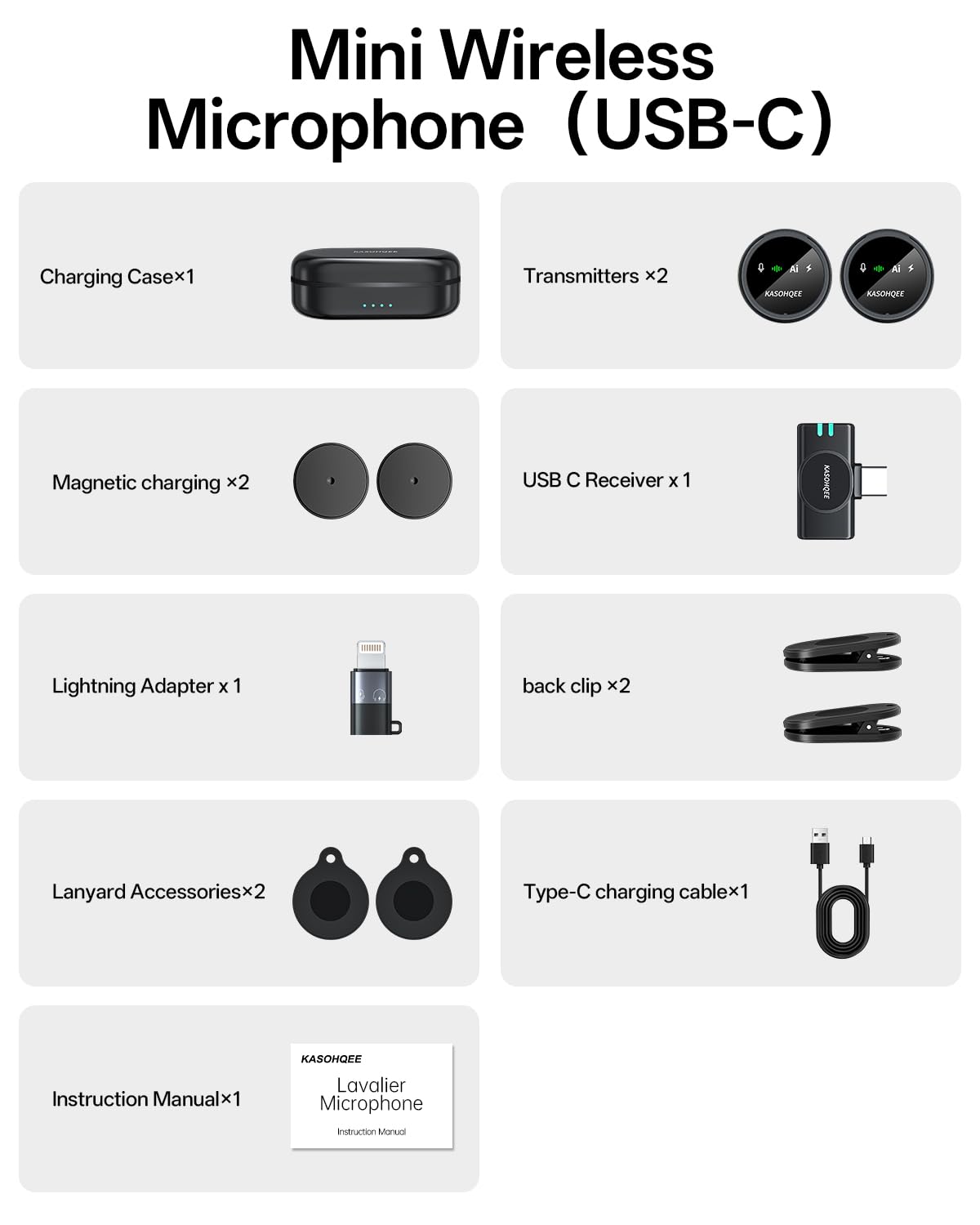 Kasohqee Wireless Lavalier Microphone for iPhone 17/16/15/14, iPad & Android