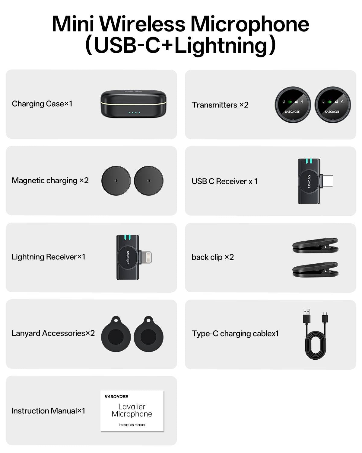 Kasohqee Wireless Lavalier Microphone for iPhone 17/16/15/14, iPad & Android