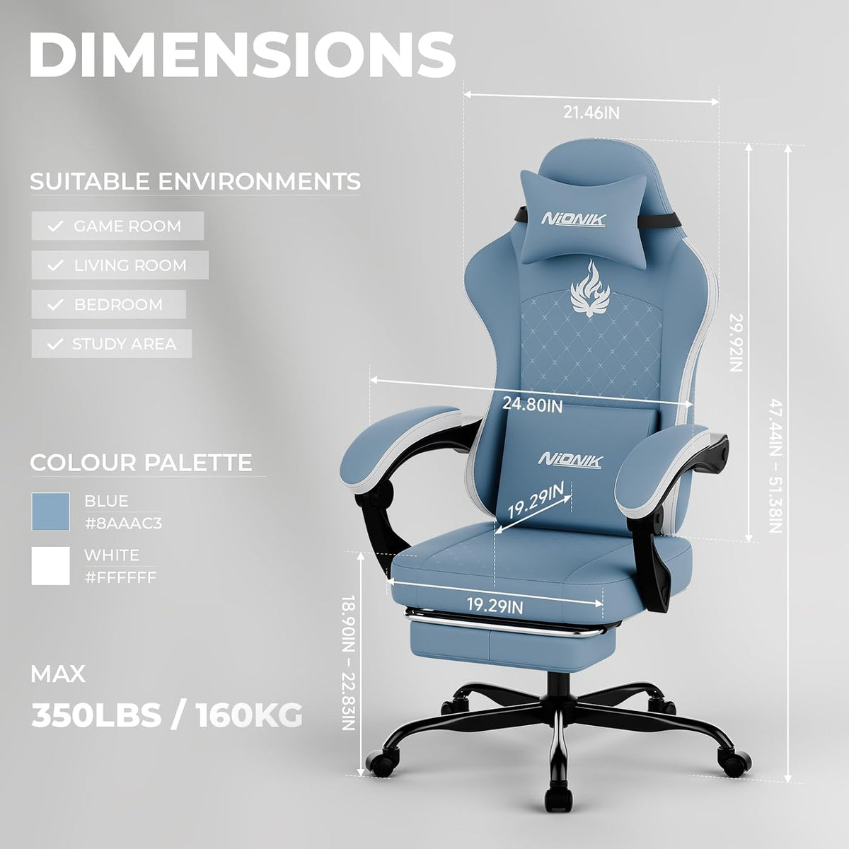 Gaming Chair with Massage,Ergonomic PC Gaming Chair Computer Chairs with Footrest Comfortable Headrest and Lumbar Support, High Back BLUENWHITE