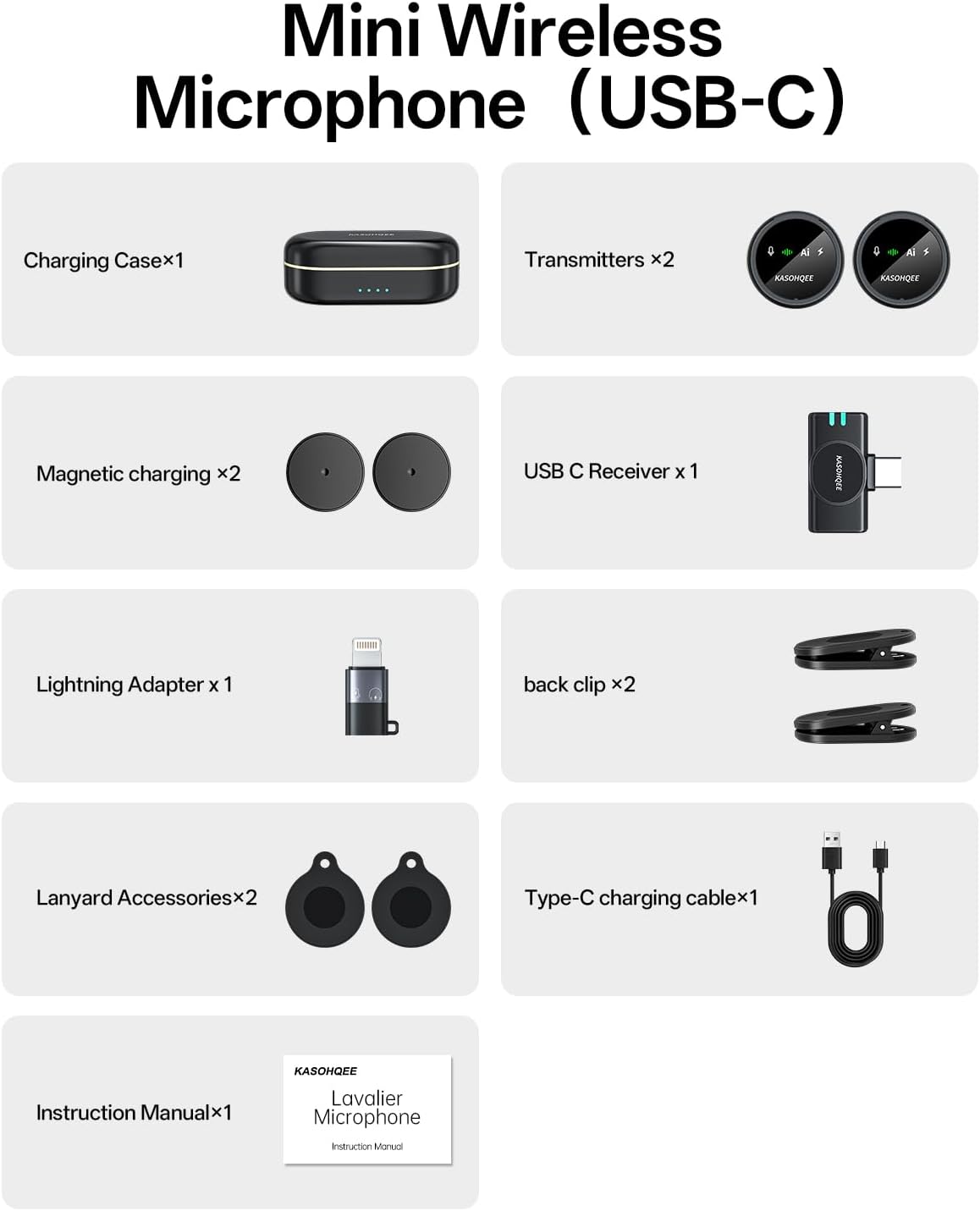 Kasohqee Wireless Lavalier Microphone for iPhone 17/16/15/14, iPad & Android