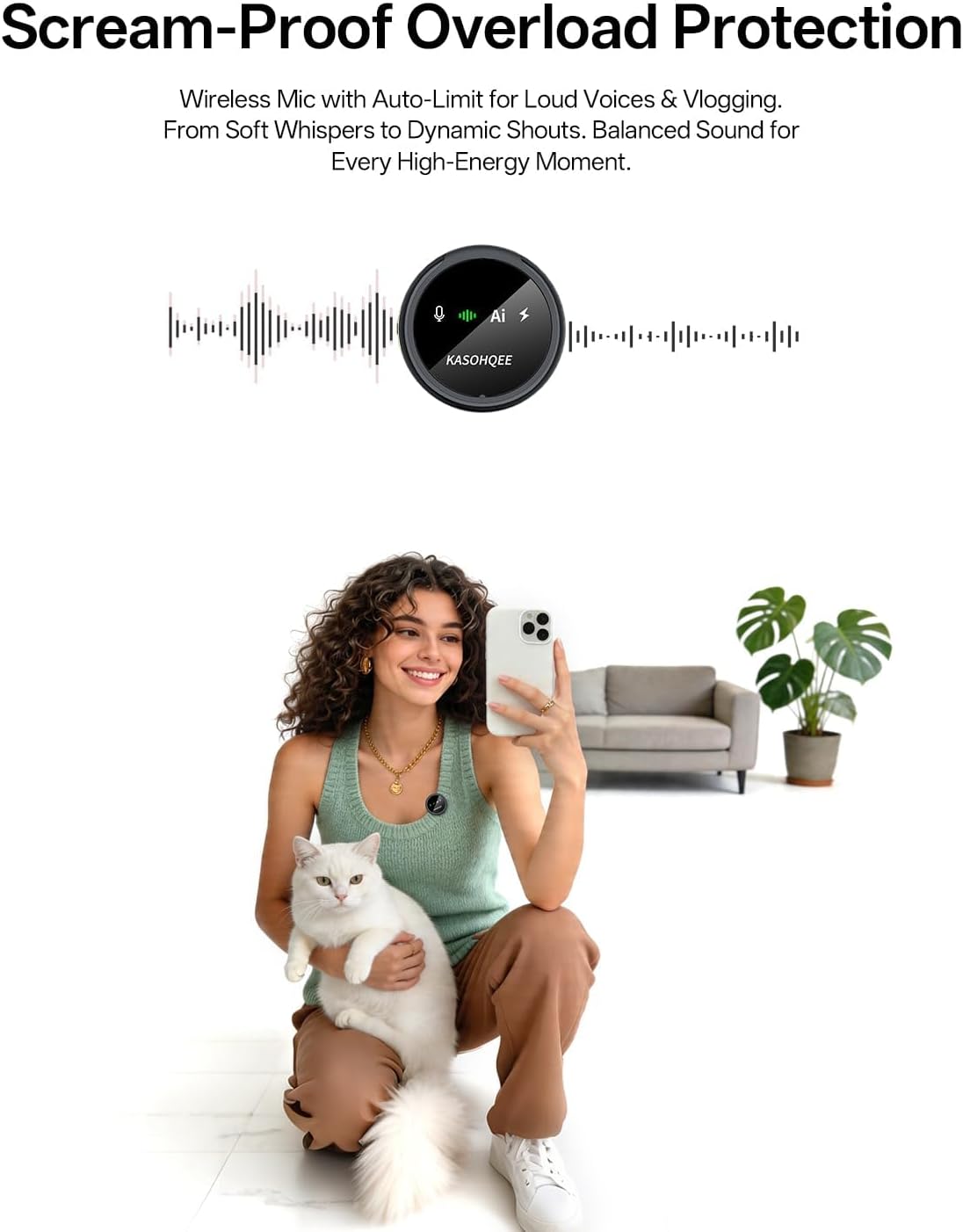 Kasohqee Wireless Lavalier Microphone for iPhone 17/16/15/14, iPad & Android