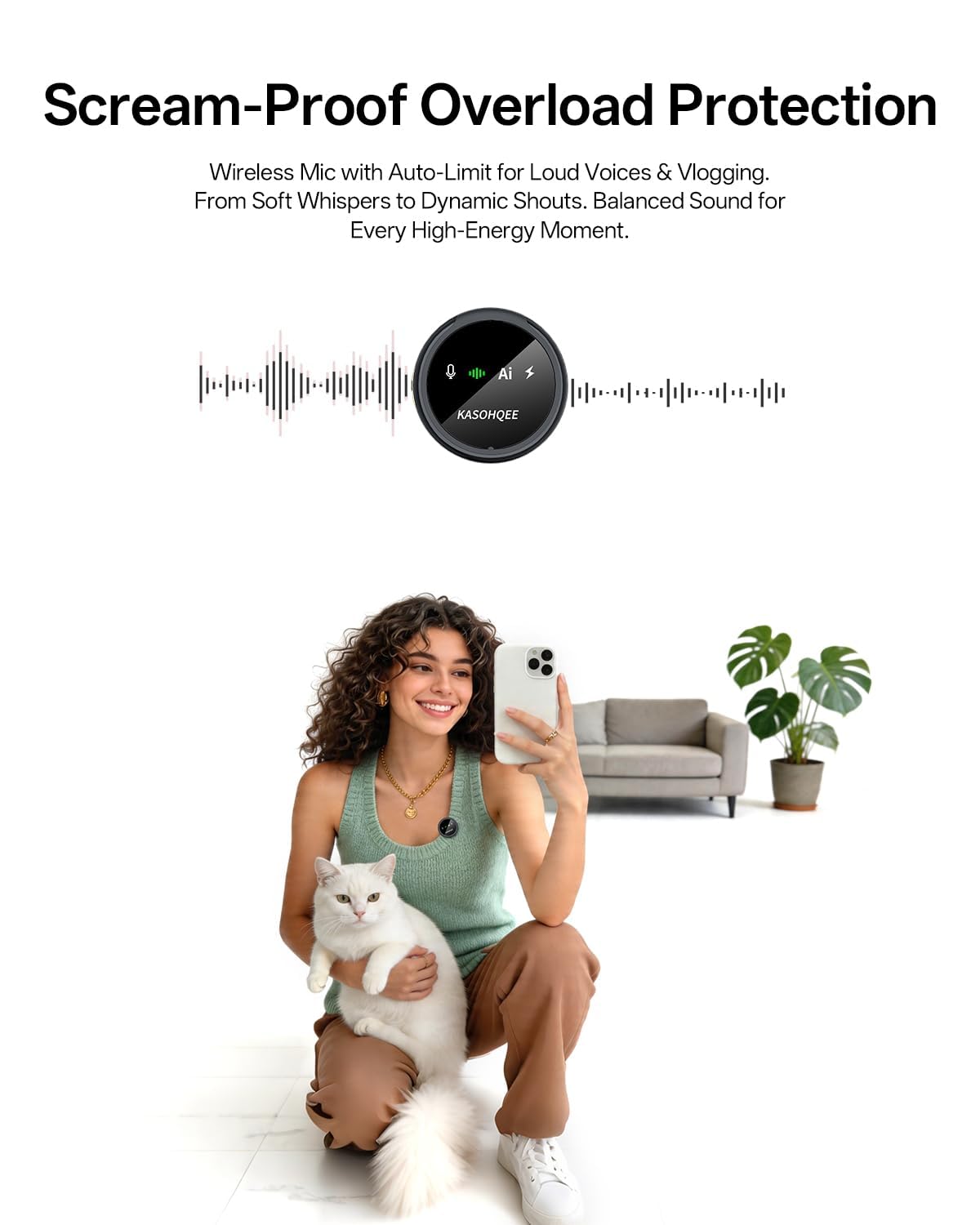 Kasohqee Wireless Lavalier Microphone for iPhone 17/16/15/14, iPad & Android