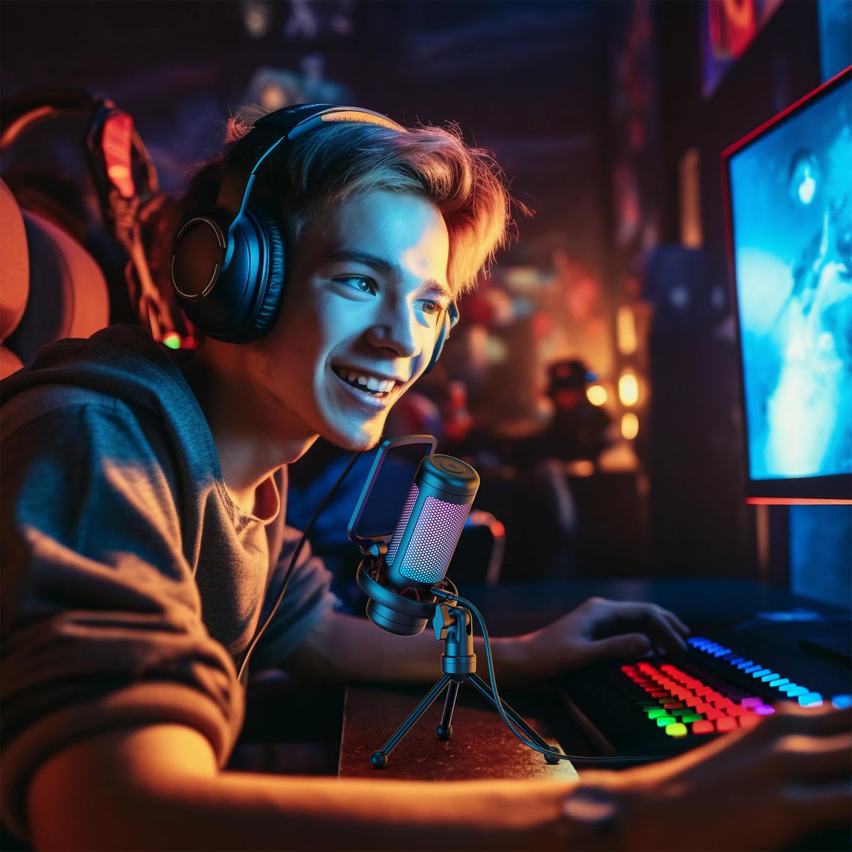 TONOR Gaming Microphone Set with Boom Arm, Vocal Condenser Microphone for Content Creators, USB Mic for PC with Stand, RGB, Tap Mute, Gain Control, Gaming Equipemnt, Twitch, Streaming, TC310+