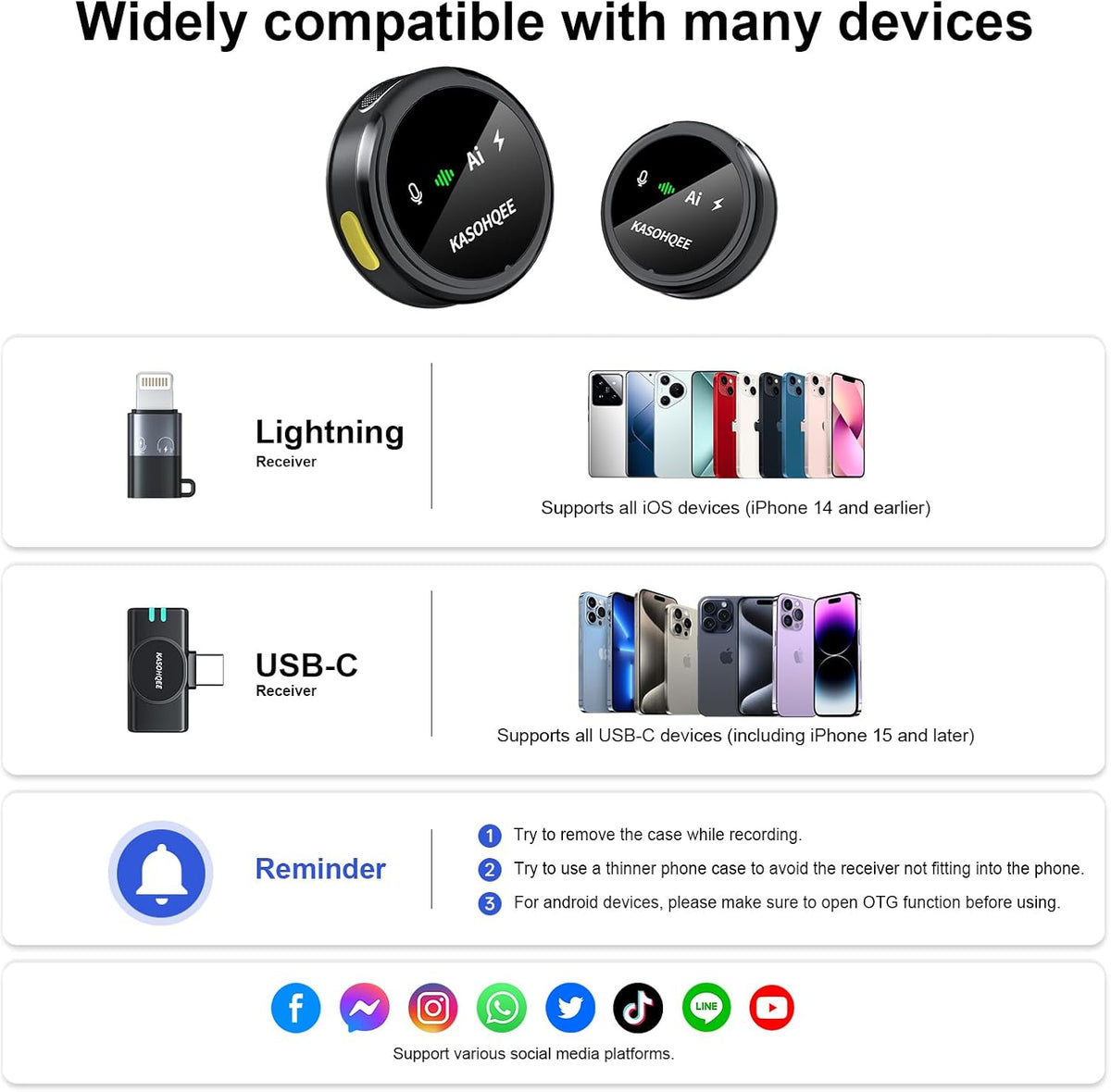 Kasohqee Wireless Lavalier Microphone for iPhone 17/16/15/14, iPad & Android