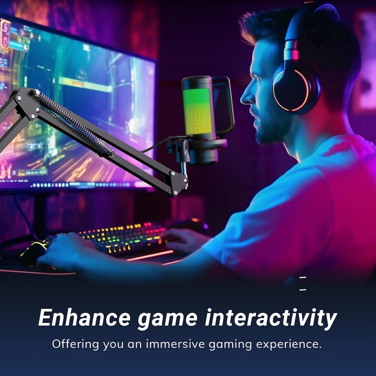 TONOR Gaming Microphone Set with Boom Arm, Vocal Condenser Microphone for Content Creators, USB Mic for PC with Stand, RGB, Tap Mute, Gain Control, Gaming Equipemnt, Twitch, Streaming, TC310+