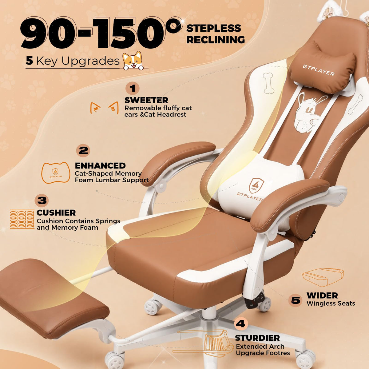 GTPLAYER Pink Gaming Chair Cute with Cat Ears Ergonomic Computer Chair with Cat Embroidery Adjustable Memory Foam Lumbar Support and Headrest Comfortable Reclining Office Chair Soft Velvet Fabric