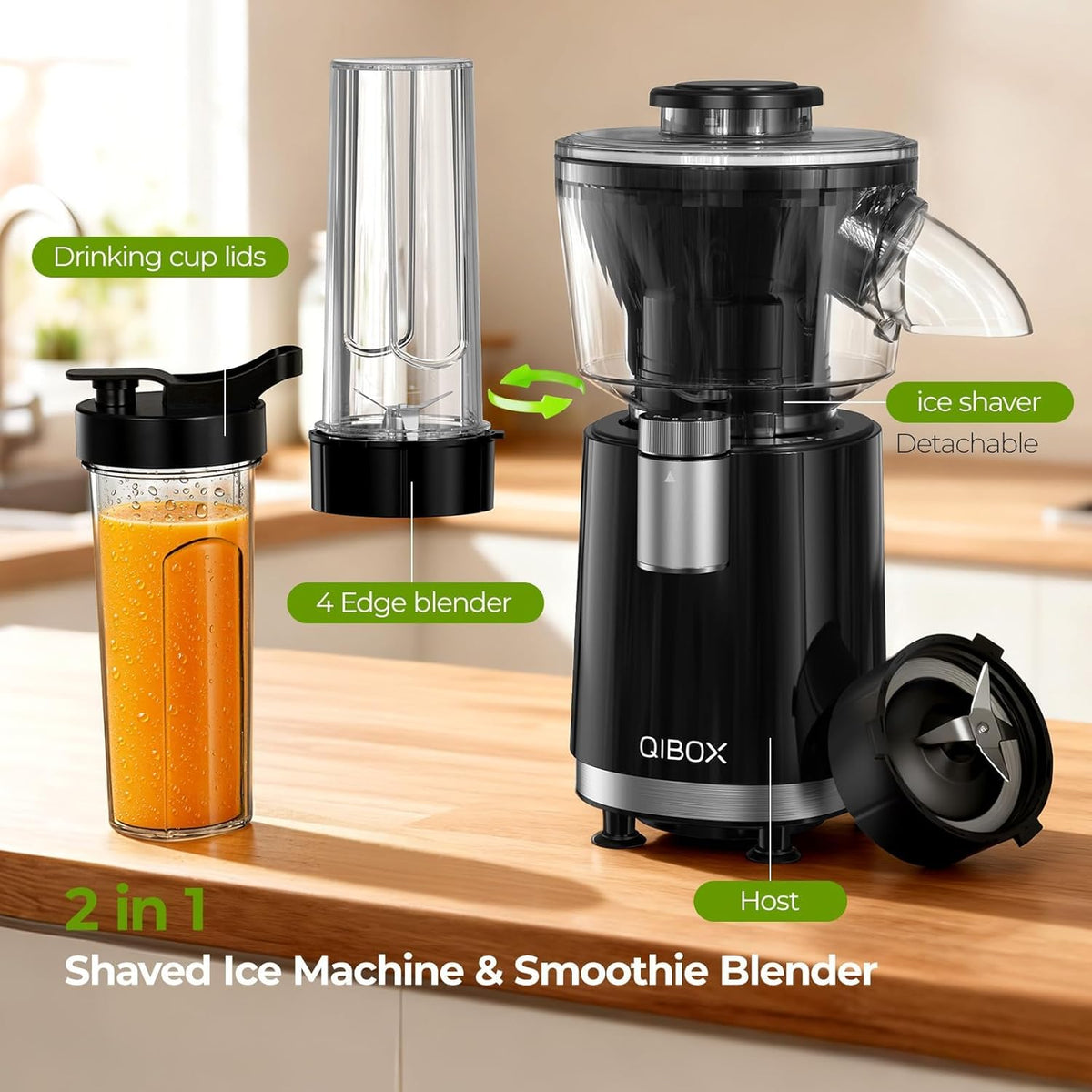 QIBOX 2-in-1 Snow Cone Machine & Smoothie Blender | 700W Electric Ice Shaver for Home Kitchen | Perfect for Kids' Birthday Parties, Summer BBQs & Daily Breakfast Smoothies