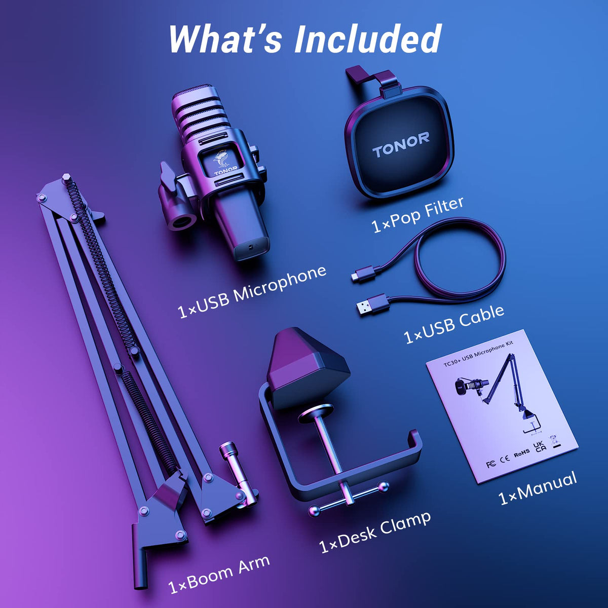TONOR RGB USB Microphone, Cardioid Condenser Computer PC Mic with Tripod Stand, Pop Filter, Shock Mount for Gaming, Streaming, Podcasting, YouTube, Twitch, Compatible with Laptop Desktop,TC30 with RGB