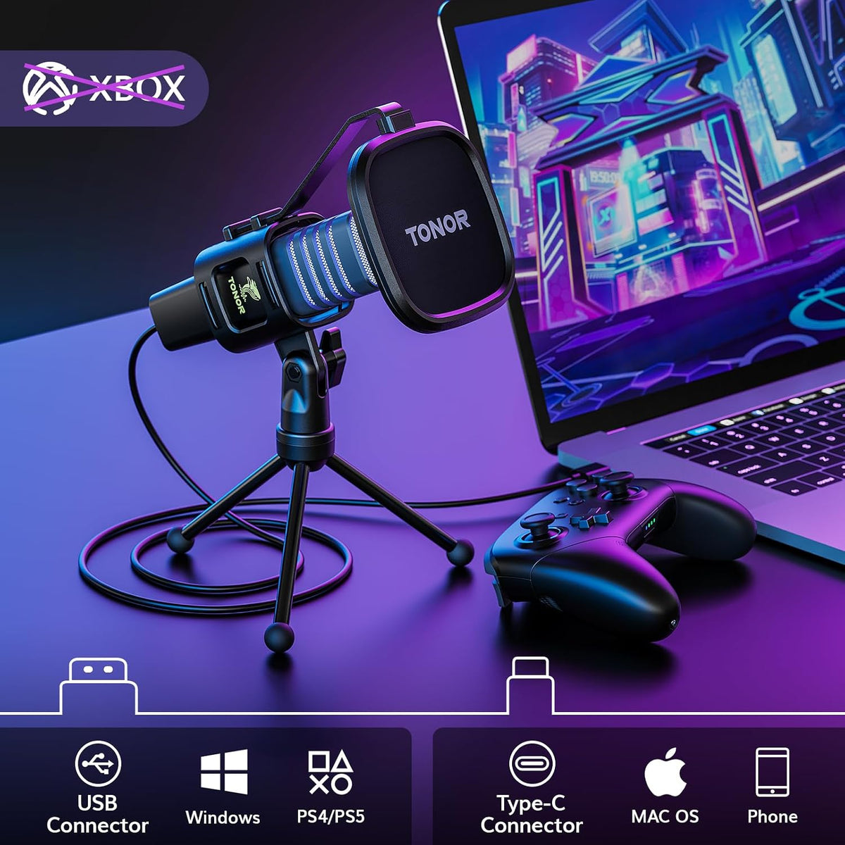 TONOR RGB USB Microphone, Cardioid Condenser Computer PC Mic with Tripod Stand, Pop Filter, Shock Mount for Gaming, Streaming, Podcasting, YouTube, Twitch, Compatible with Laptop Desktop,TC30 with RGB