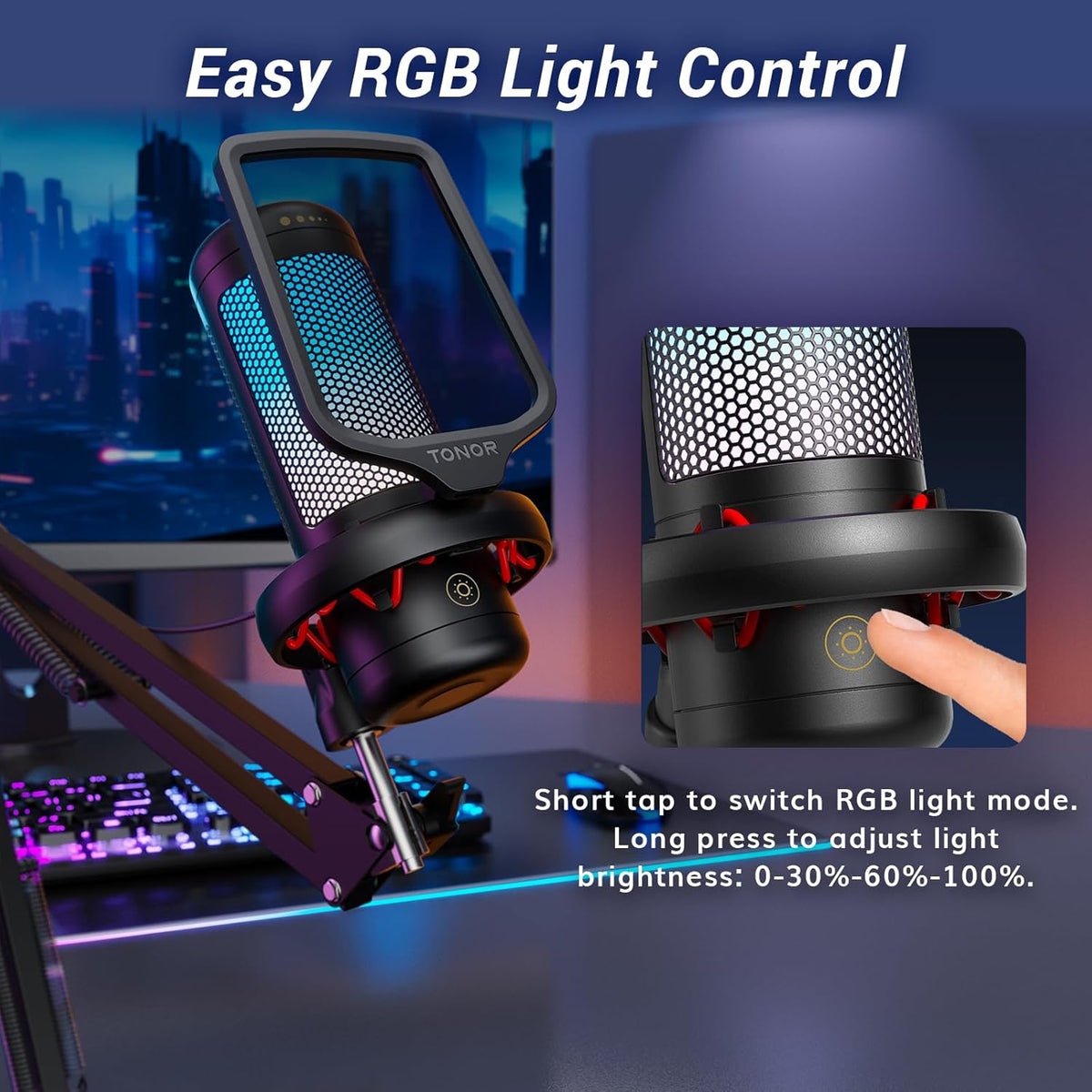 TONOR Gaming Microphone Set with Boom Arm, Vocal Condenser Microphone for Content Creators, USB Mic for PC with Stand, RGB, Tap Mute, Gain Control, Gaming Equipemnt, Twitch, Streaming, TC310+
