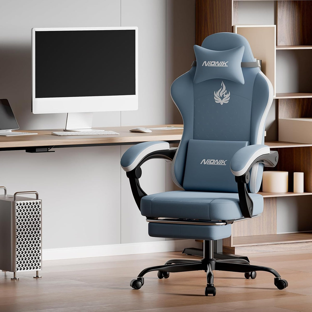 Gaming Chair with Massage,Ergonomic PC Gaming Chair Computer Chairs with Footrest Comfortable Headrest and Lumbar Support, High Back BLUENWHITE