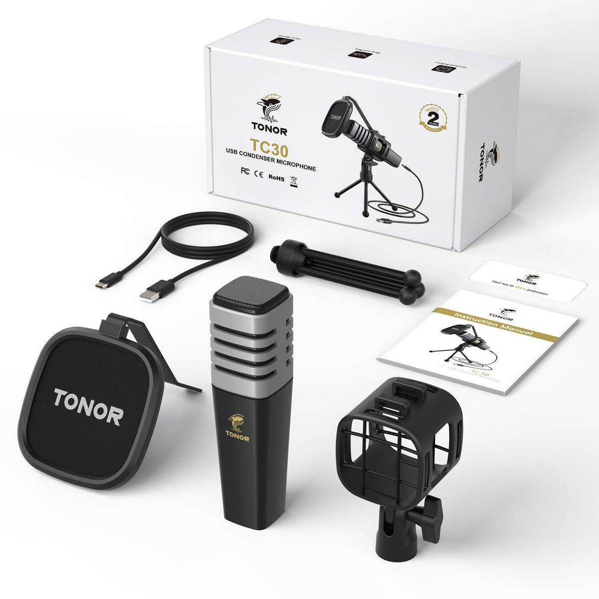 TONOR RGB USB Microphone, Cardioid Condenser Computer PC Mic with Tripod Stand, Pop Filter, Shock Mount for Gaming, Streaming, Podcasting, YouTube, Twitch, Compatible with Laptop Desktop,TC30 with RGB