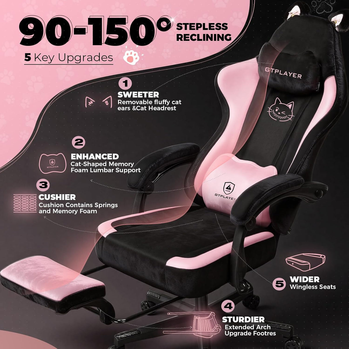 GTPLAYER Pink Gaming Chair Cute with Cat Ears Ergonomic Computer Chair with Cat Embroidery Adjustable Memory Foam Lumbar Support and Headrest Comfortable Reclining Office Chair Soft Velvet Fabric