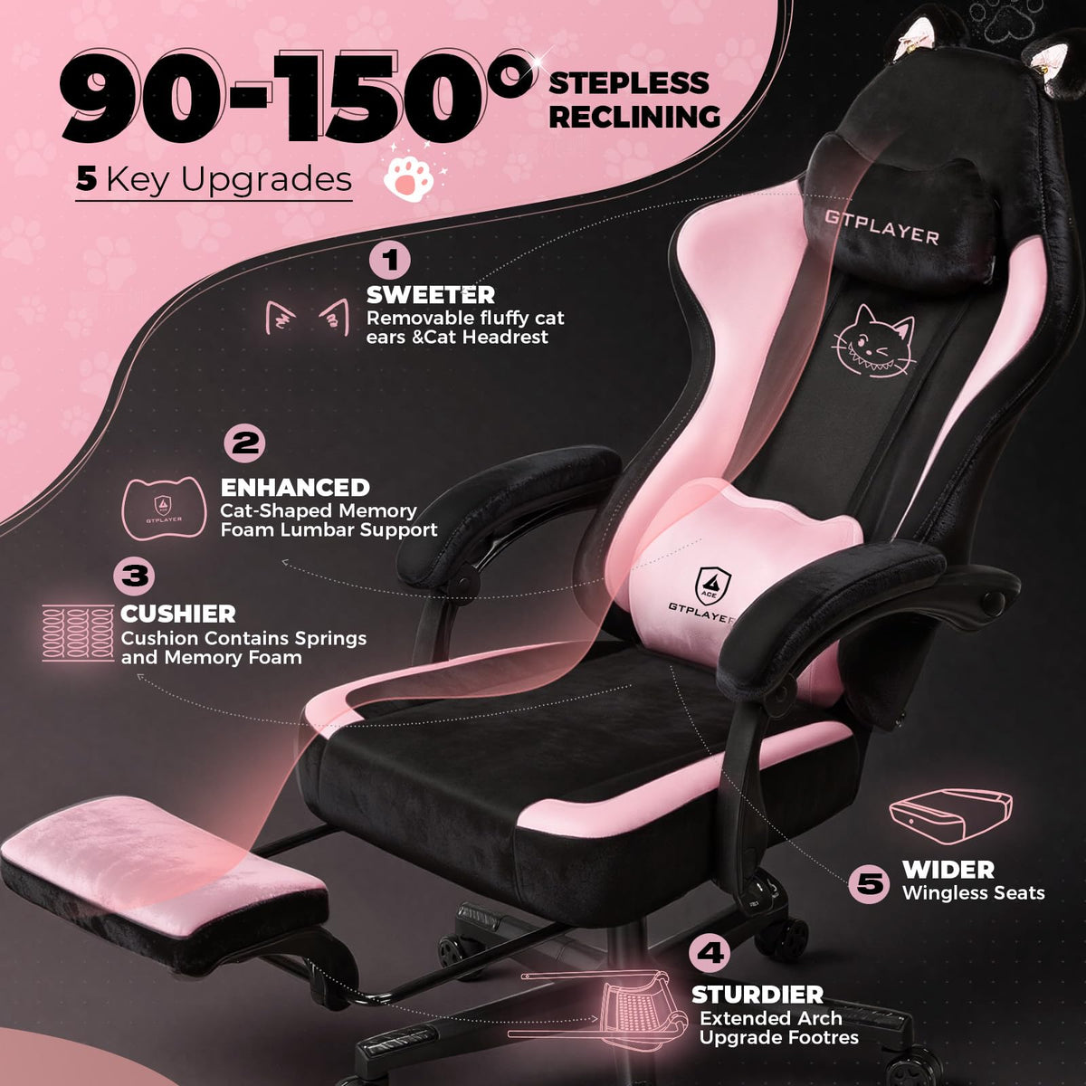 GTPLAYER Pink Gaming Chair Cute with Cat Ears Ergonomic Computer Chair with Cat Embroidery Adjustable Memory Foam Lumbar Support and Headrest Comfortable Reclining Office Chair Soft Velvet Fabric