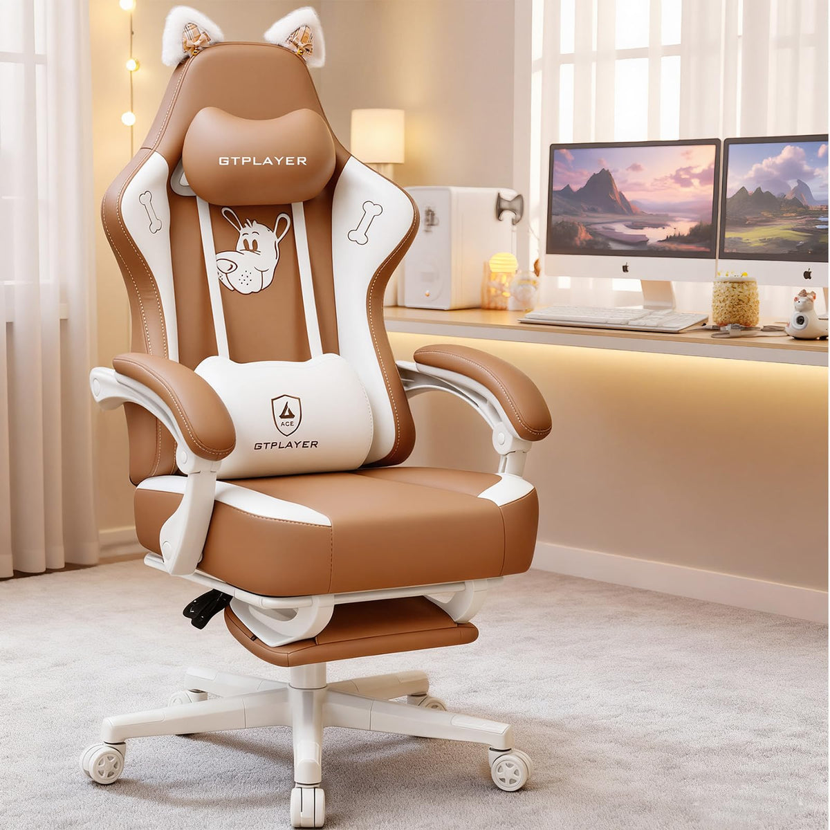 GTPLAYER Pink Gaming Chair Cute with Cat Ears Ergonomic Computer Chair with Cat Embroidery Adjustable Memory Foam Lumbar Support and Headrest Comfortable Reclining Office Chair Soft Velvet Fabric
