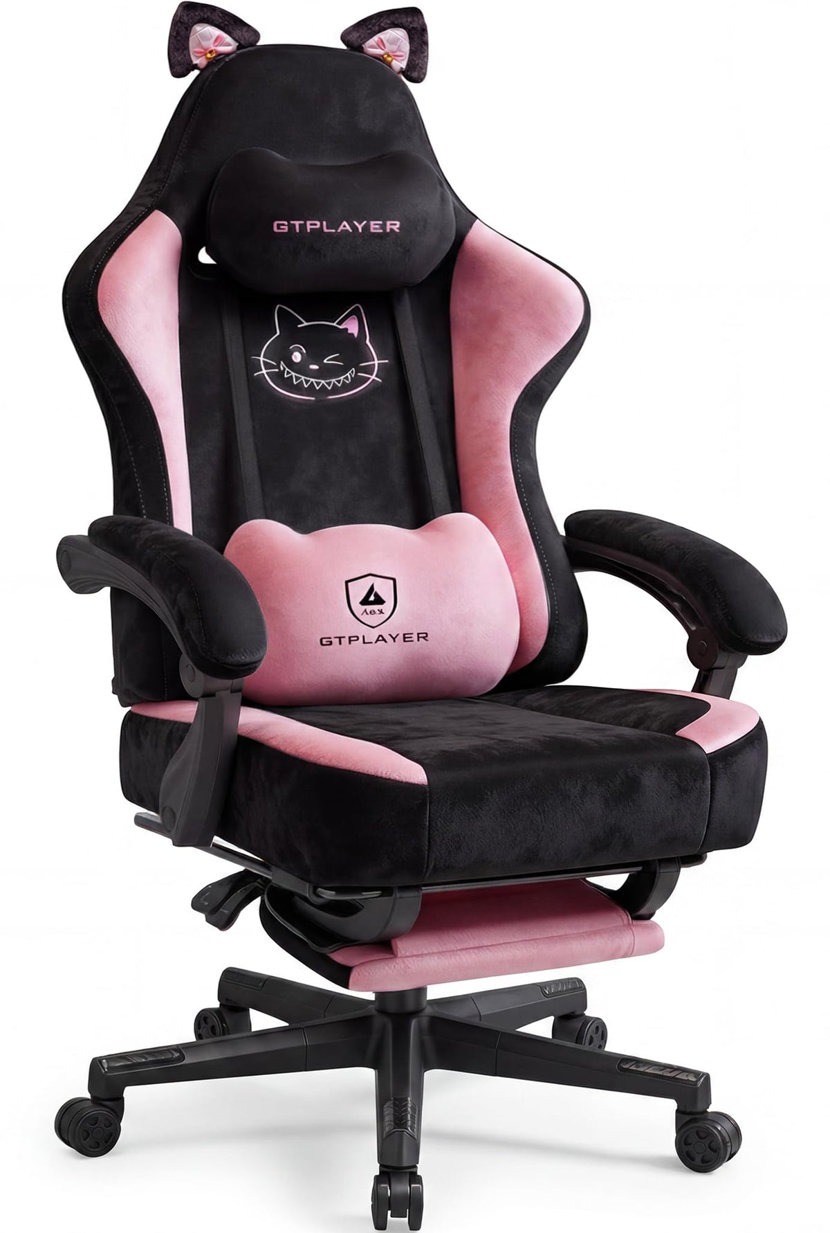GTPLAYER Pink Gaming Chair Cute with Cat Ears Ergonomic Computer Chair with Cat Embroidery Adjustable Memory Foam Lumbar Support and Headrest Comfortable Reclining Office Chair Soft Velvet Fabric