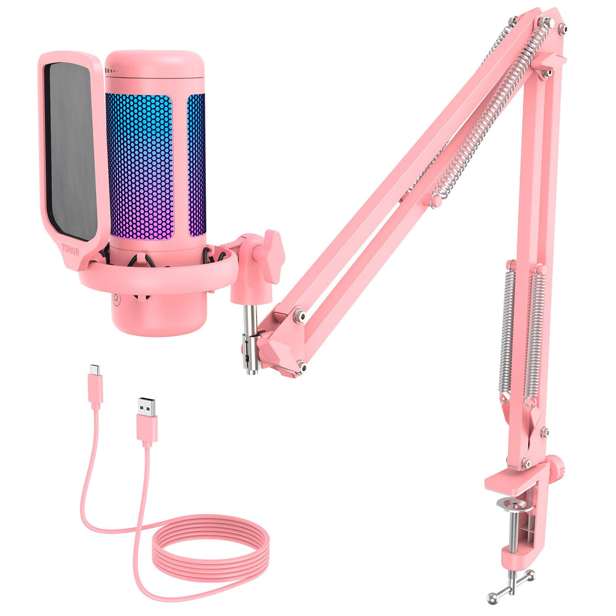 TONOR Gaming Microphone Set with Boom Arm, Vocal Condenser Microphone for Content Creators, USB Mic for PC with Stand, RGB, Tap Mute, Gain Control, Gaming Equipemnt, Twitch, Streaming, TC310+