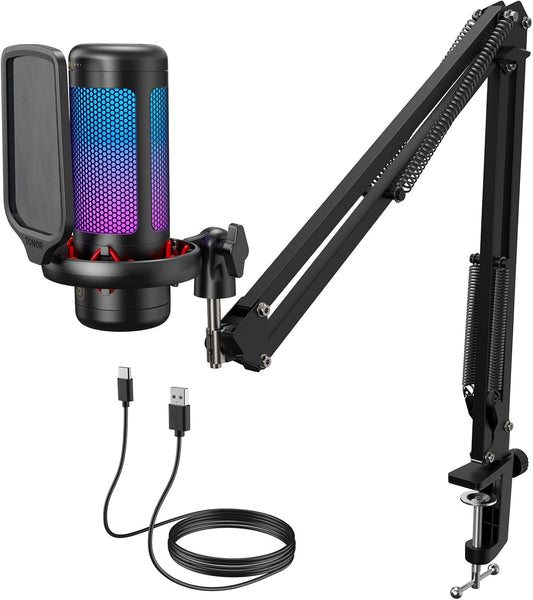 TONOR Gaming Microphone Set with Boom Arm, Vocal Condenser Microphone for Content Creators, USB Mic for PC with Stand, RGB, Tap Mute, Gain Control, Gaming Equipemnt, Twitch, Streaming, TC310+