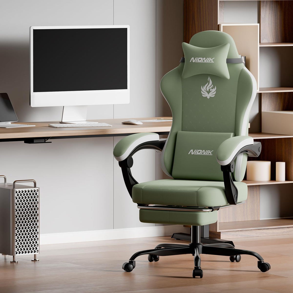 Gaming Chair with Massage,Ergonomic PC Gaming Chair Computer Chairs with Footrest Comfortable Headrest and Lumbar Support, High Back BLUENWHITE