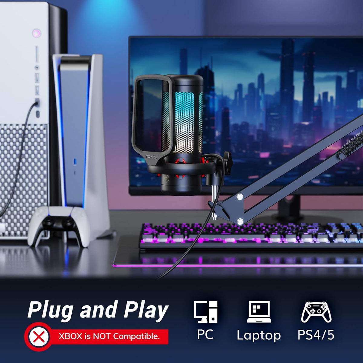 TONOR Gaming Microphone Set with Boom Arm, Vocal Condenser Microphone for Content Creators, USB Mic for PC with Stand, RGB, Tap Mute, Gain Control, Gaming Equipemnt, Twitch, Streaming, TC310+