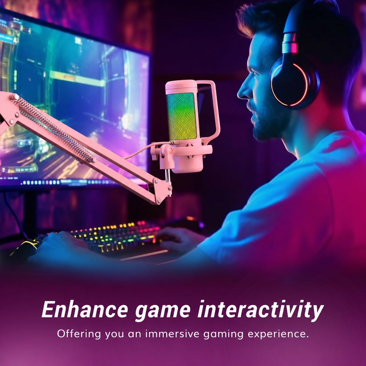 TONOR Gaming Microphone Set with Boom Arm, Vocal Condenser Microphone for Content Creators, USB Mic for PC with Stand, RGB, Tap Mute, Gain Control, Gaming Equipemnt, Twitch, Streaming, TC310+