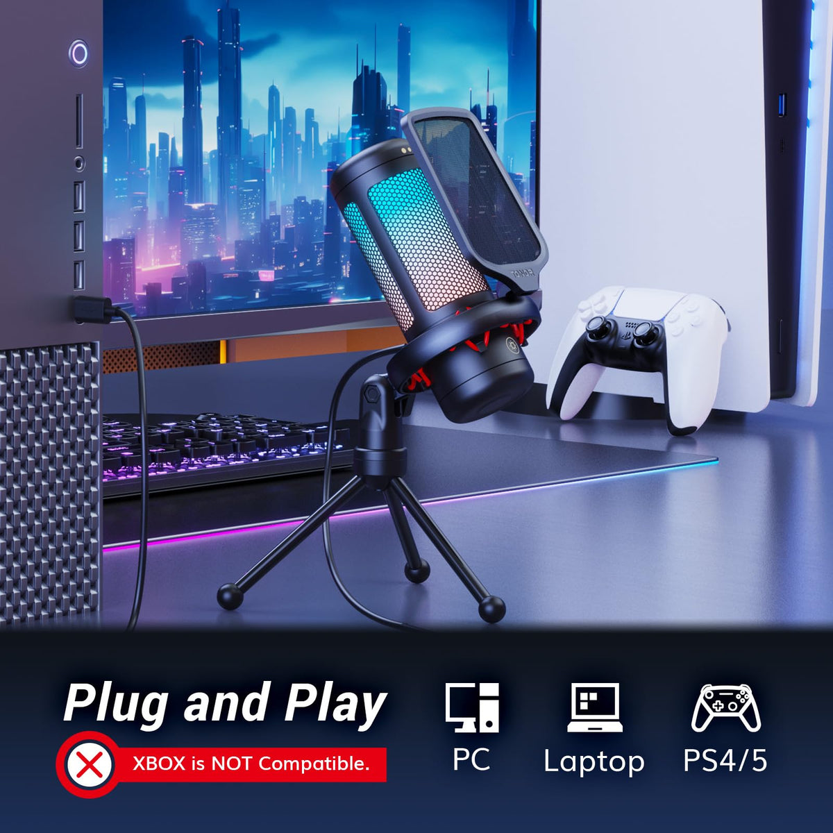 TONOR Gaming Microphone Set with Boom Arm, Vocal Condenser Microphone for Content Creators, USB Mic for PC with Stand, RGB, Tap Mute, Gain Control, Gaming Equipemnt, Twitch, Streaming, TC310+