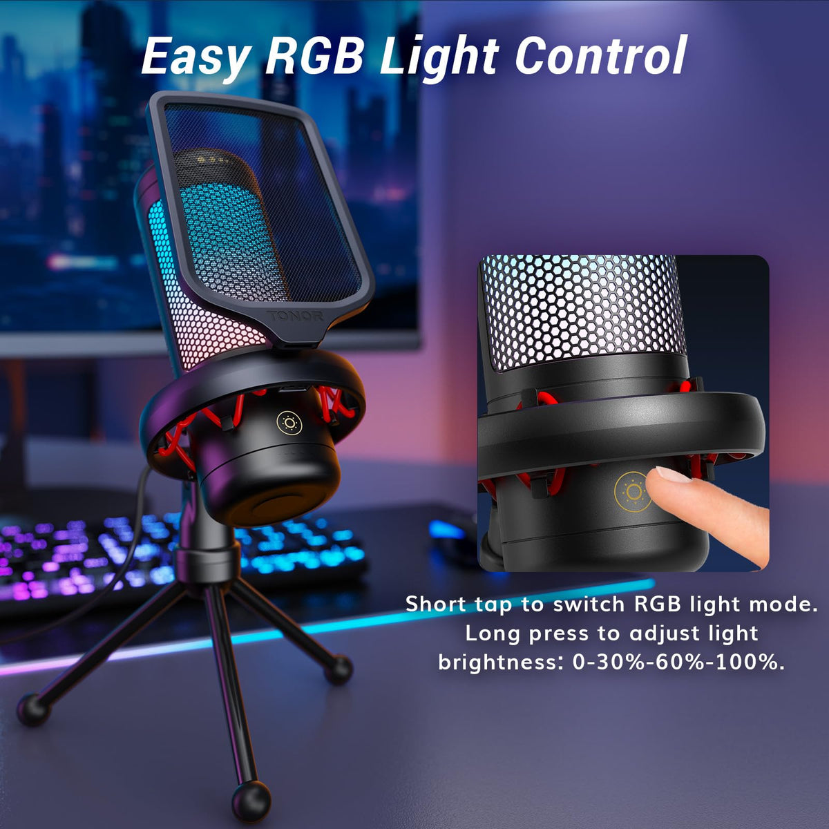 TONOR Gaming Microphone Set with Boom Arm, Vocal Condenser Microphone for Content Creators, USB Mic for PC with Stand, RGB, Tap Mute, Gain Control, Gaming Equipemnt, Twitch, Streaming, TC310+