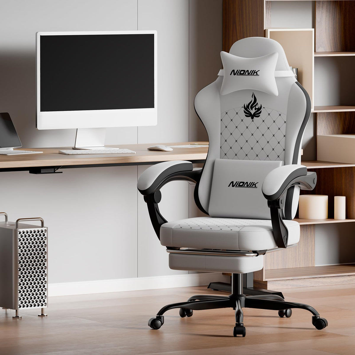 Gaming Chair with Massage,Ergonomic PC Gaming Chair Computer Chairs with Footrest Comfortable Headrest and Lumbar Support, High Back BLUENWHITE