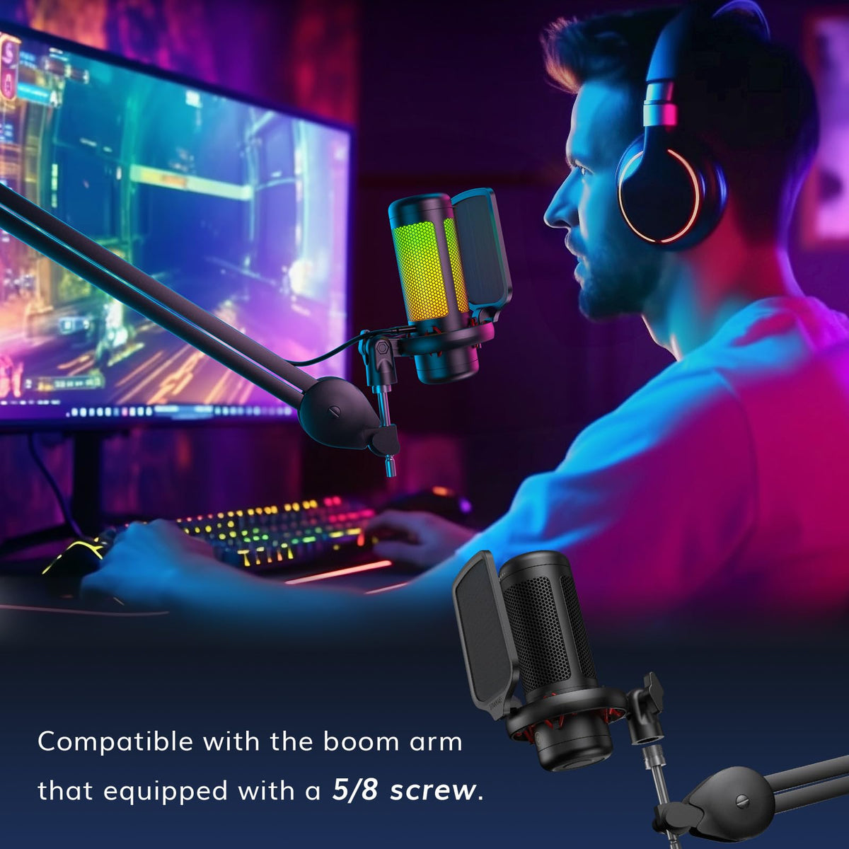 TONOR Gaming Microphone Set with Boom Arm, Vocal Condenser Microphone for Content Creators, USB Mic for PC with Stand, RGB, Tap Mute, Gain Control, Gaming Equipemnt, Twitch, Streaming, TC310+