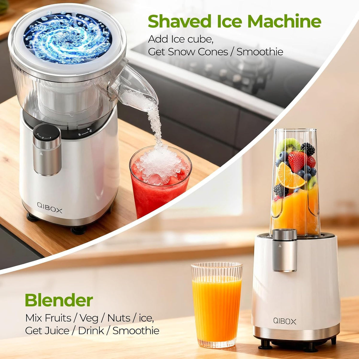QIBOX 2-in-1 Snow Cone Machine & Smoothie Blender | 700W Electric Ice Shaver for Home Kitchen | Perfect for Kids' Birthday Parties, Summer BBQs & Daily Breakfast Smoothies