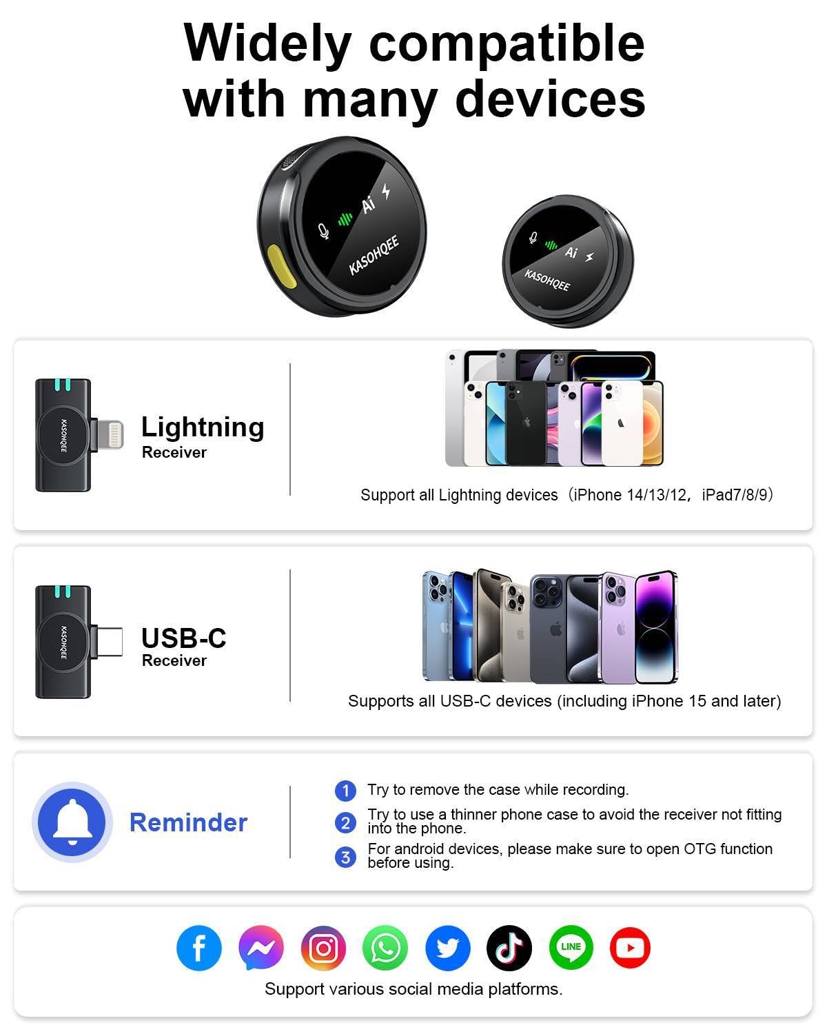 Kasohqee Wireless Lavalier Microphone for iPhone 17/16/15/14, iPad & Android