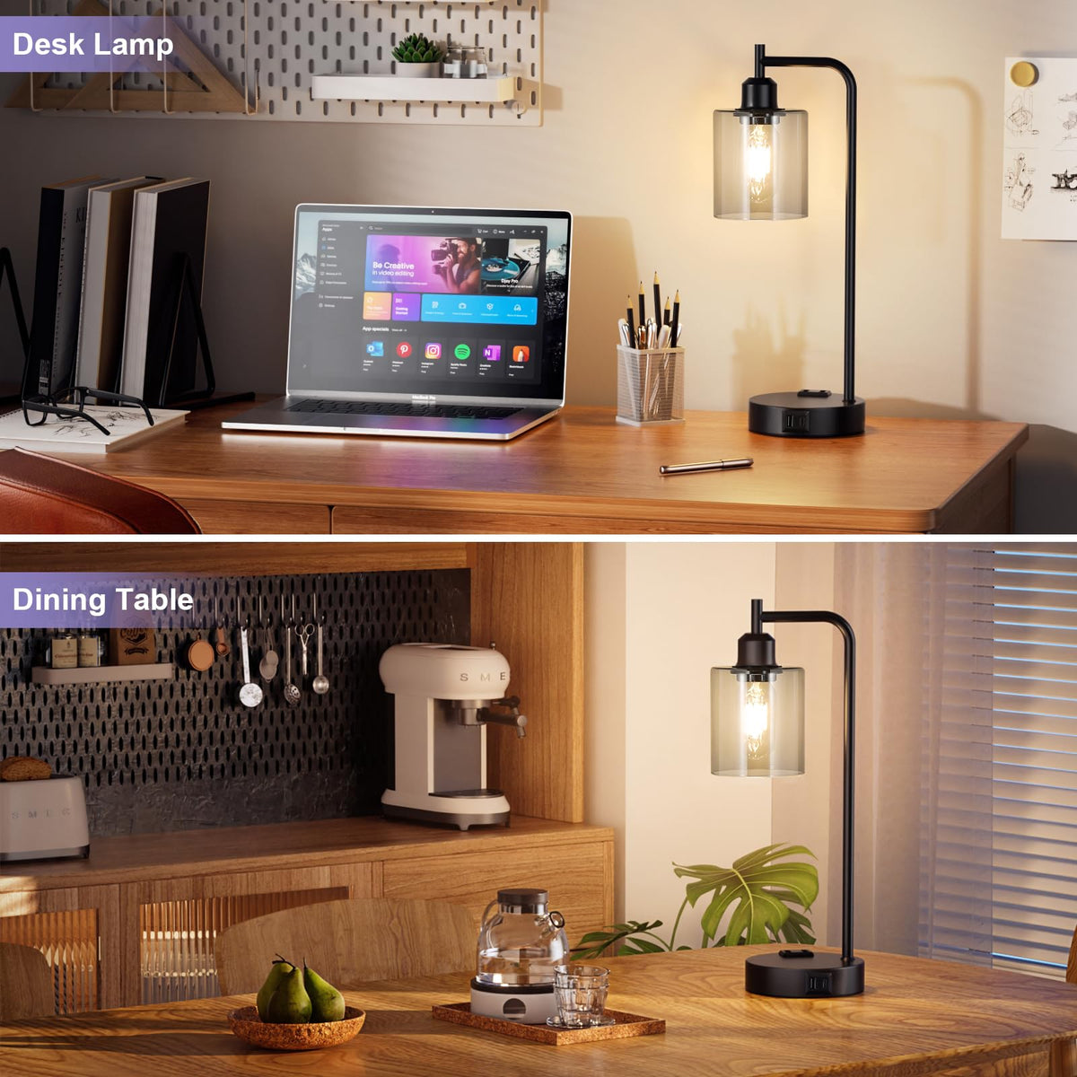 Innqoo Industrial Touch Lamps for Nightstand Set of 2 - 3-Way Dimmable, USB-C+A, Glass Shade