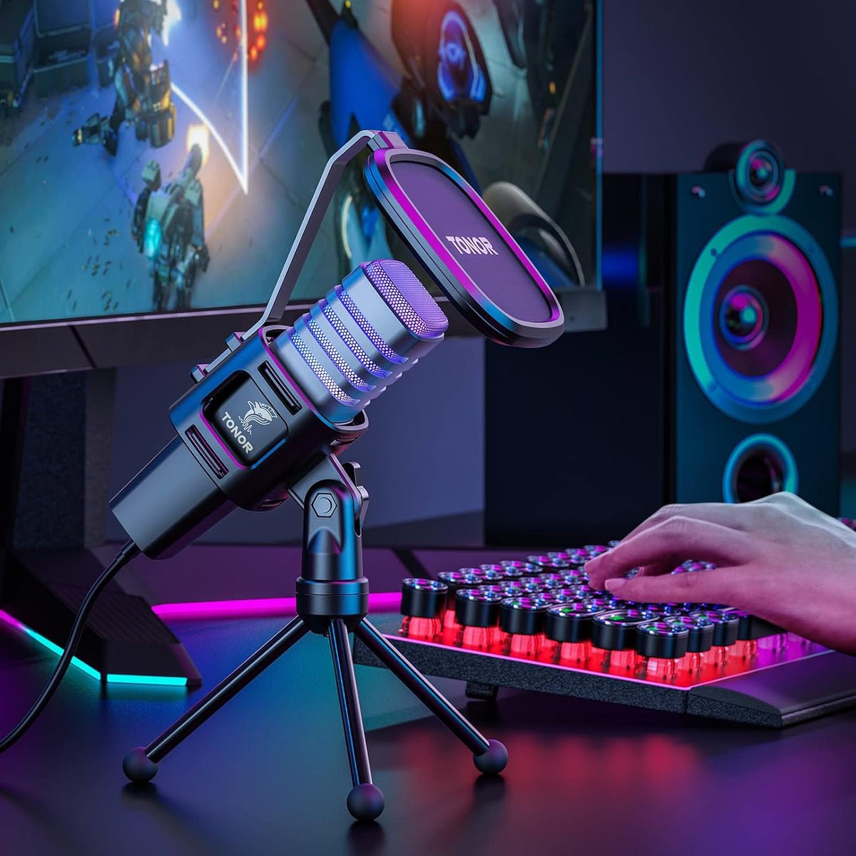 TONOR RGB USB Microphone, Cardioid Condenser Computer PC Mic with Tripod Stand, Pop Filter, Shock Mount for Gaming, Streaming, Podcasting, YouTube, Twitch, Compatible with Laptop Desktop,TC30 with RGB