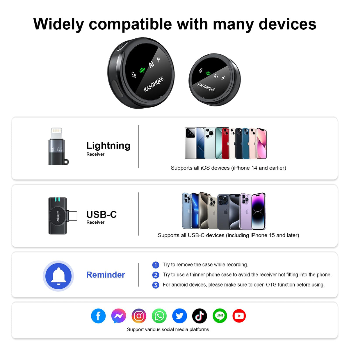 Kasohqee Wireless Lavalier Microphone for iPhone 17/16/15/14, iPad & Android