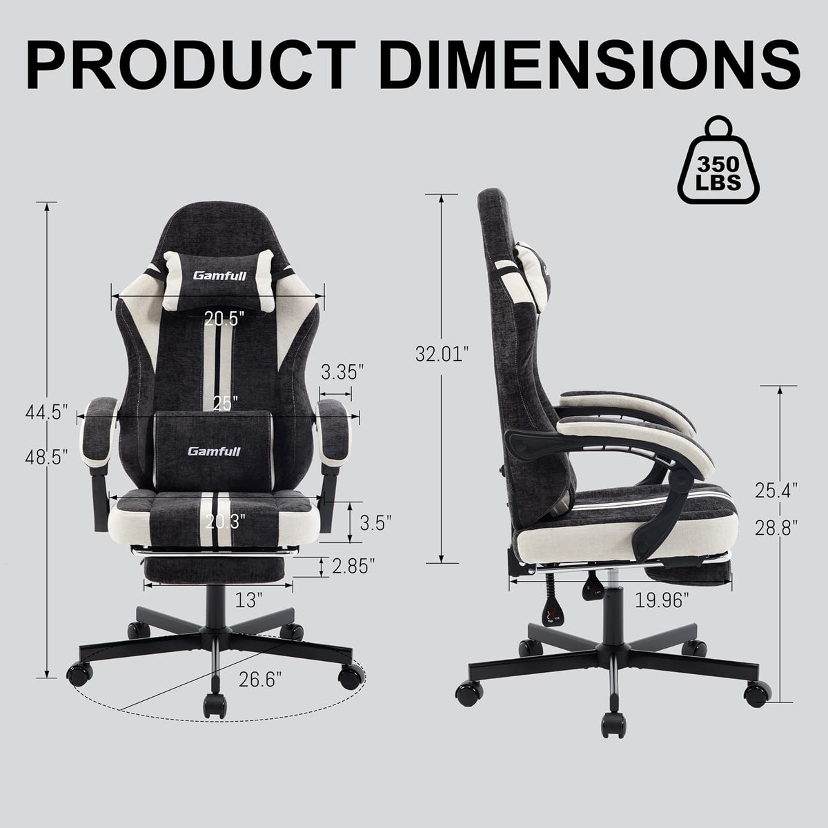 Fabric Gaming Chair for Adults,Video Game Chairs with Footrest,Black&White