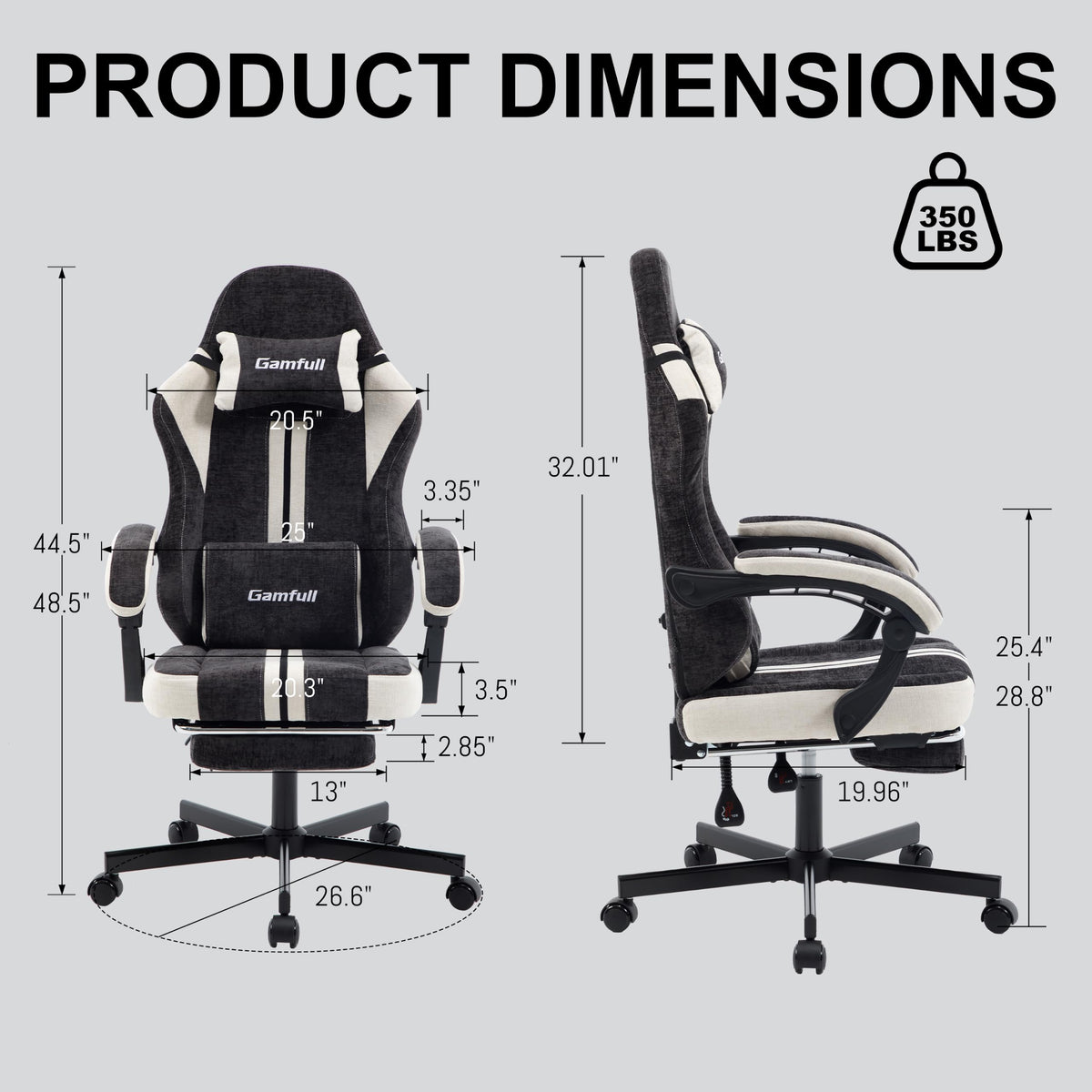 Fabric Gaming Chair for Adults,Video Game Chairs with Footrest,Black&White