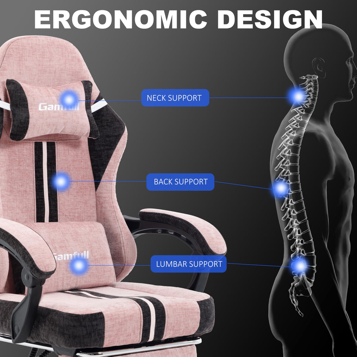 Fabric Gaming Chair for Adults,Video Game Chairs with Footrest,Black&White