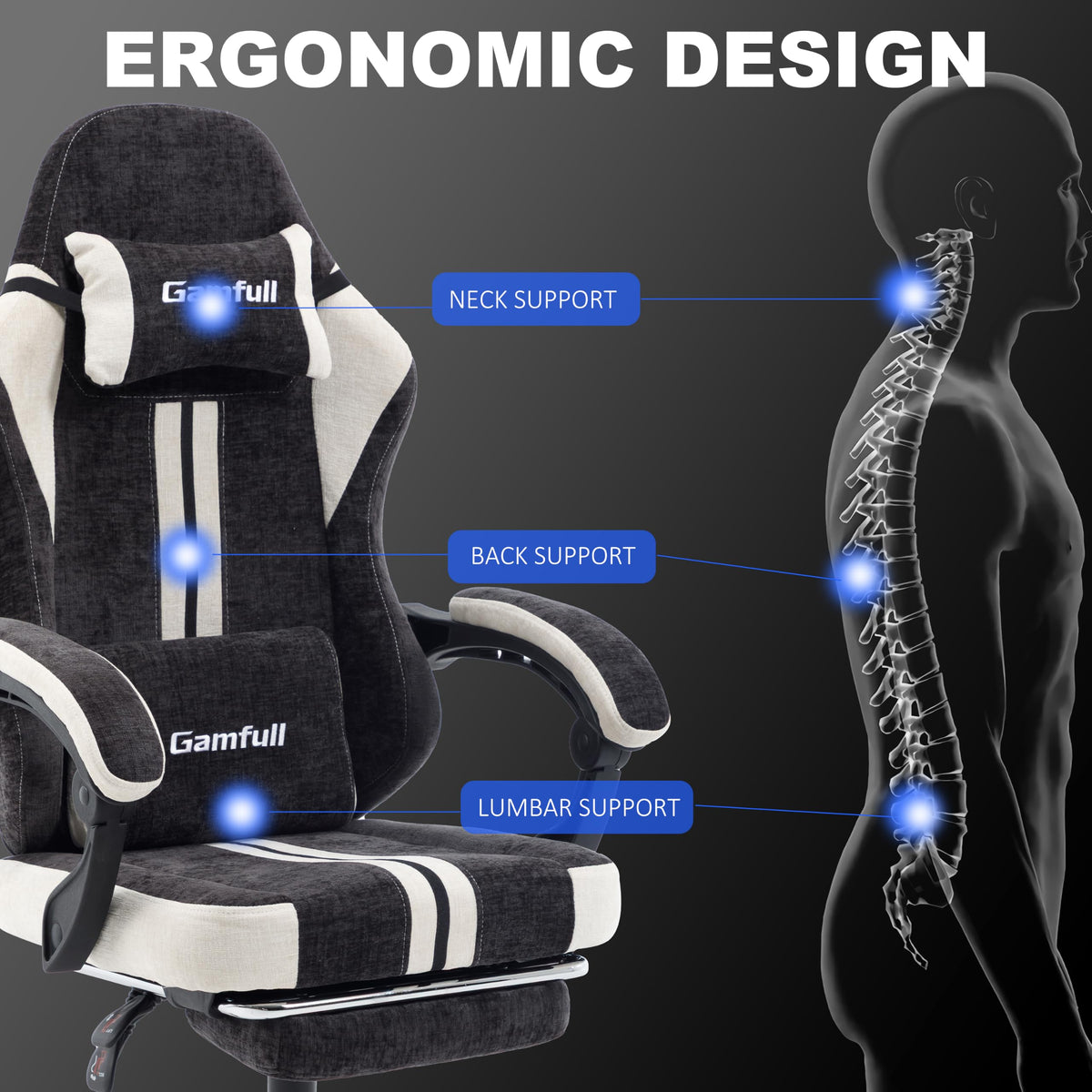 Fabric Gaming Chair for Adults,Video Game Chairs with Footrest,Black&White
